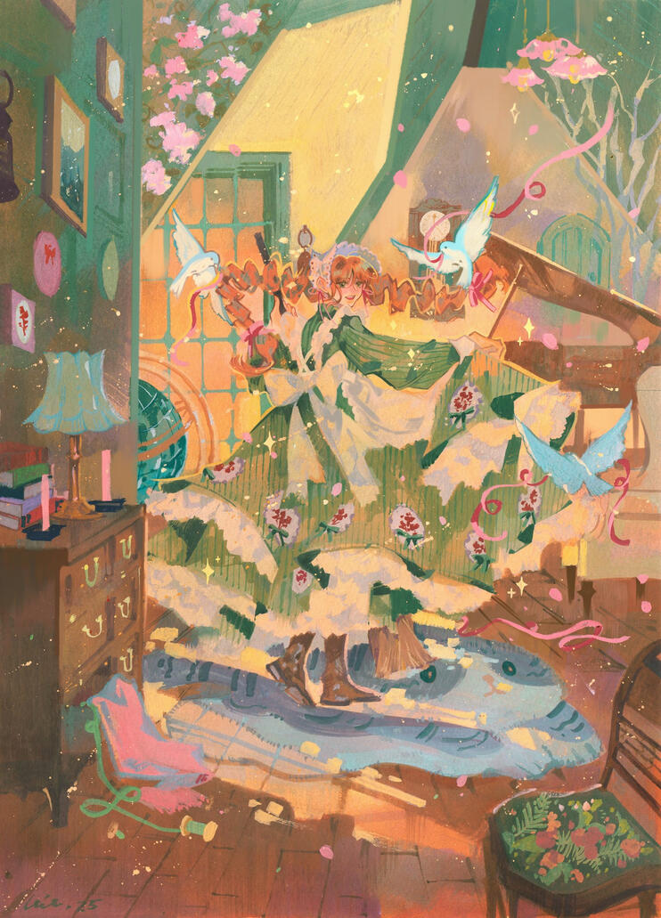 Rooftop princess, 21x30 cm (gouache on canvas)